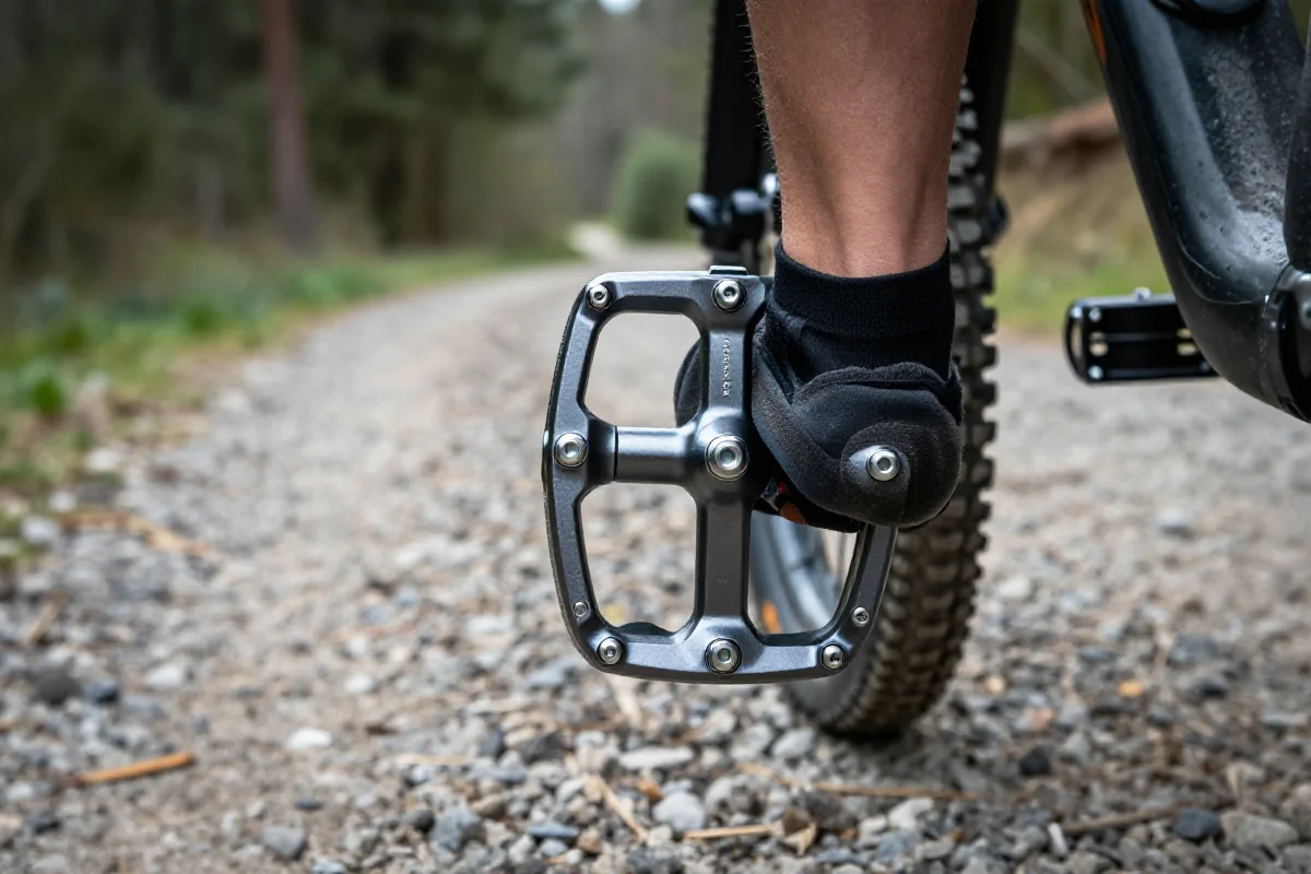 Zbliżenie na system mocowania cleats w rowerze MTB w terenie.