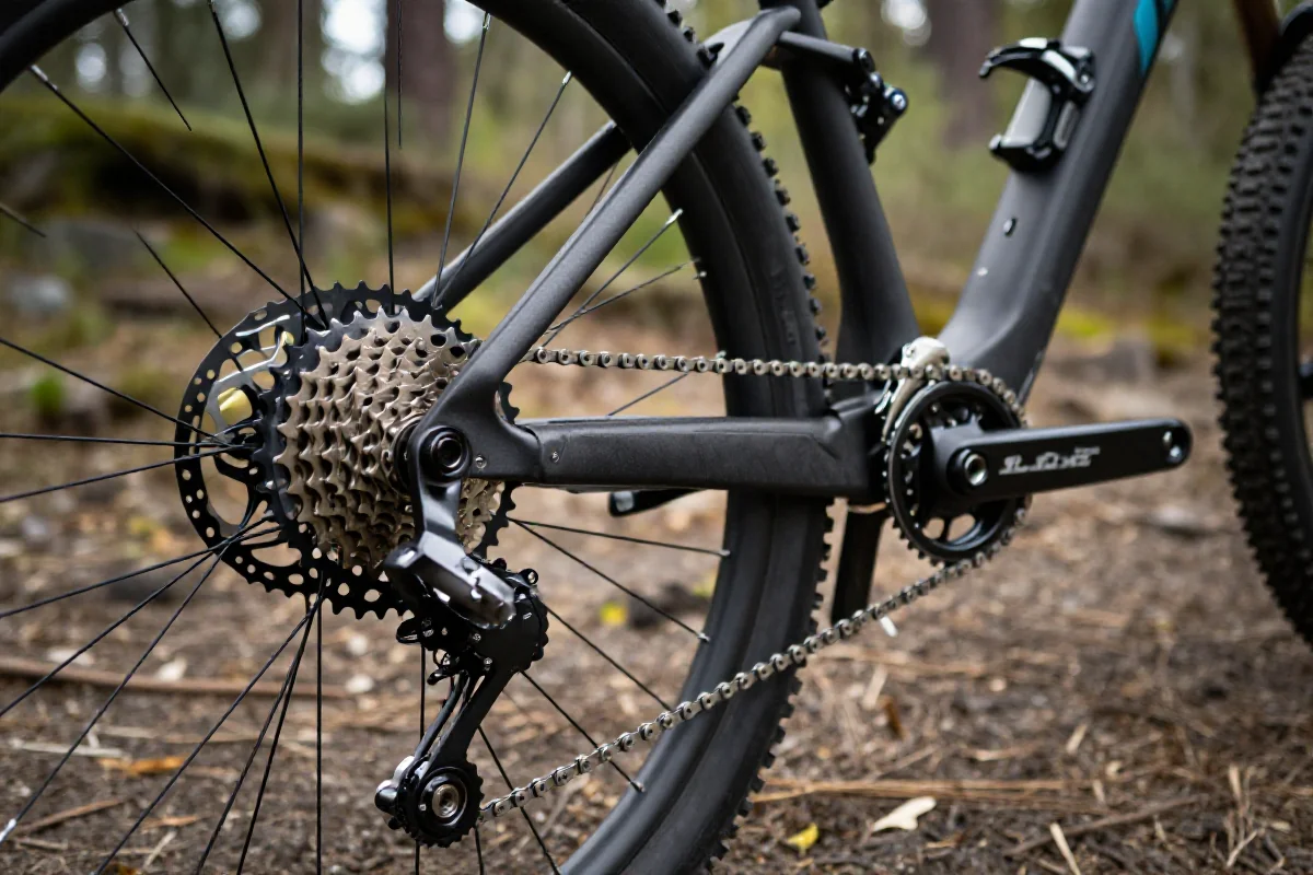 Szczegóły napędu roweru górskiego z układem przerzutników i łańcuchem.