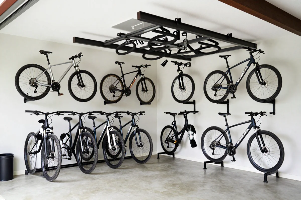 Organizacja przestrzeni garażowej z różnymi systemami przechowywania rowerów.