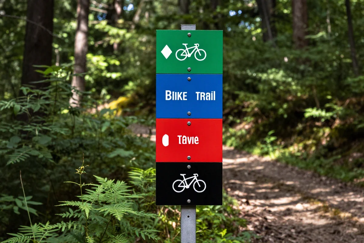 Oznakowanie tras MTB w lesie z kolorami trudności rowerowych.