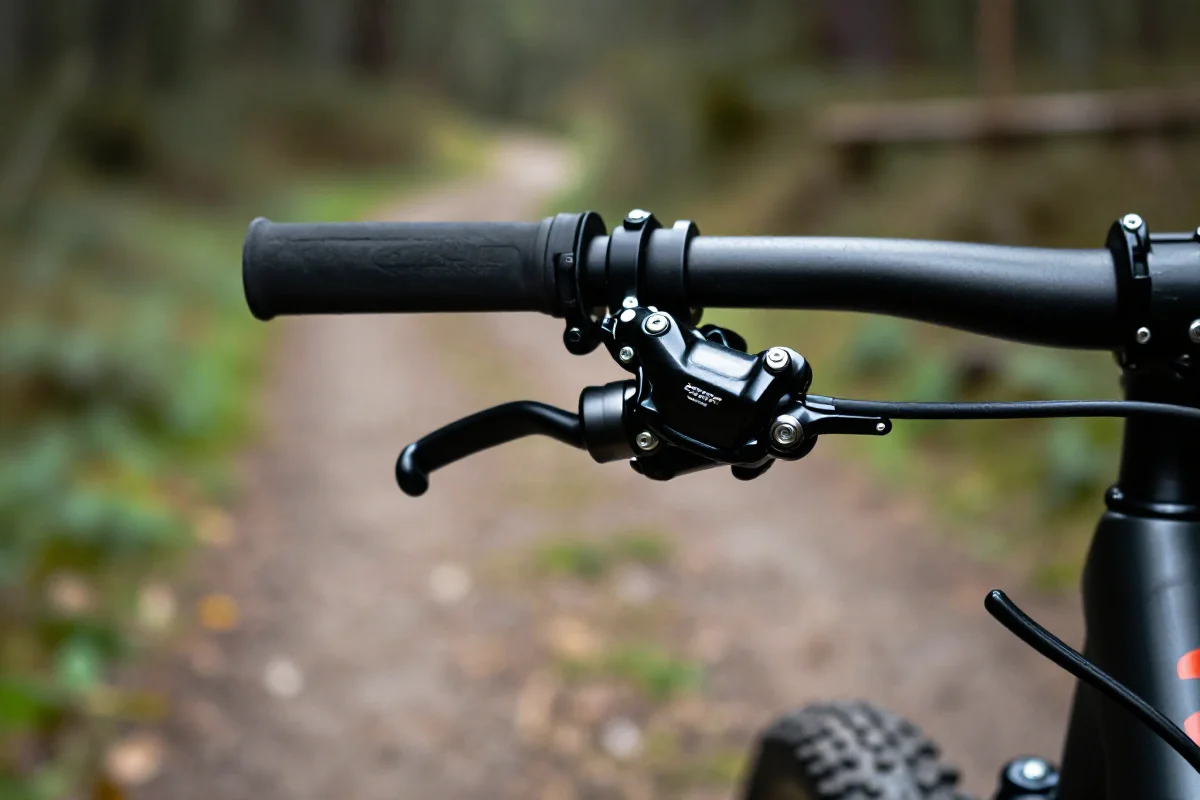 System hamulcowy hydrauliczny w rowerze górskim na tle leśnej ścieżki.