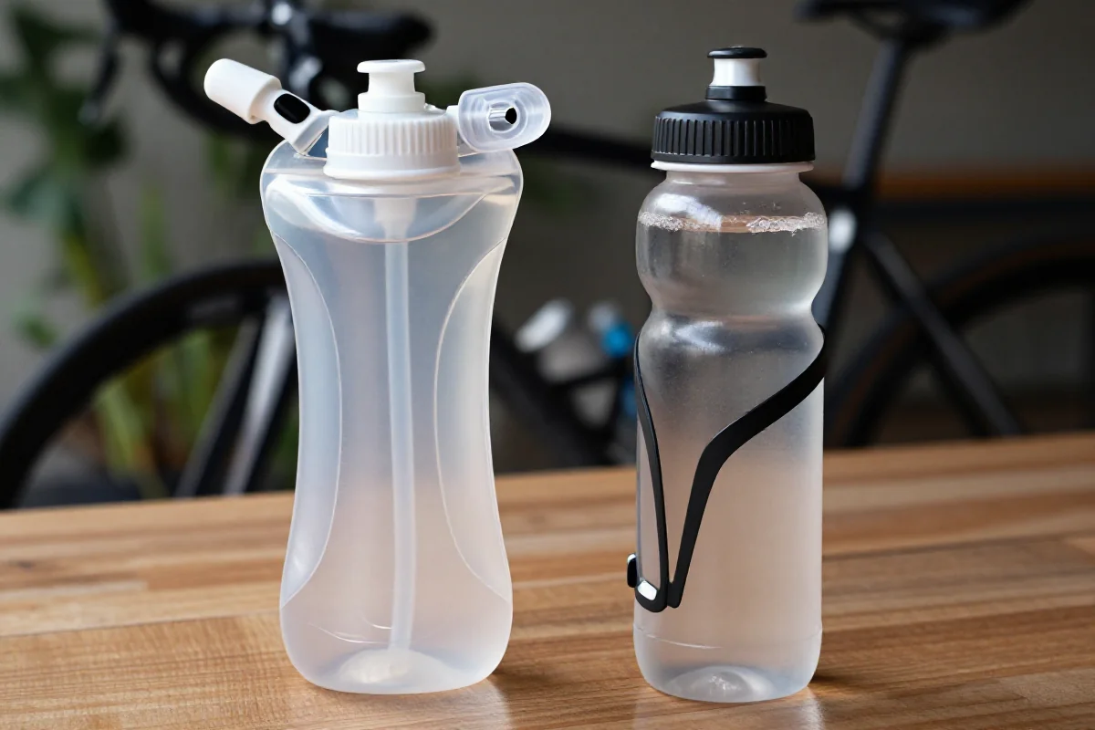 Nowoczesne systemy hydratacji: bukłak i bidon na stole.