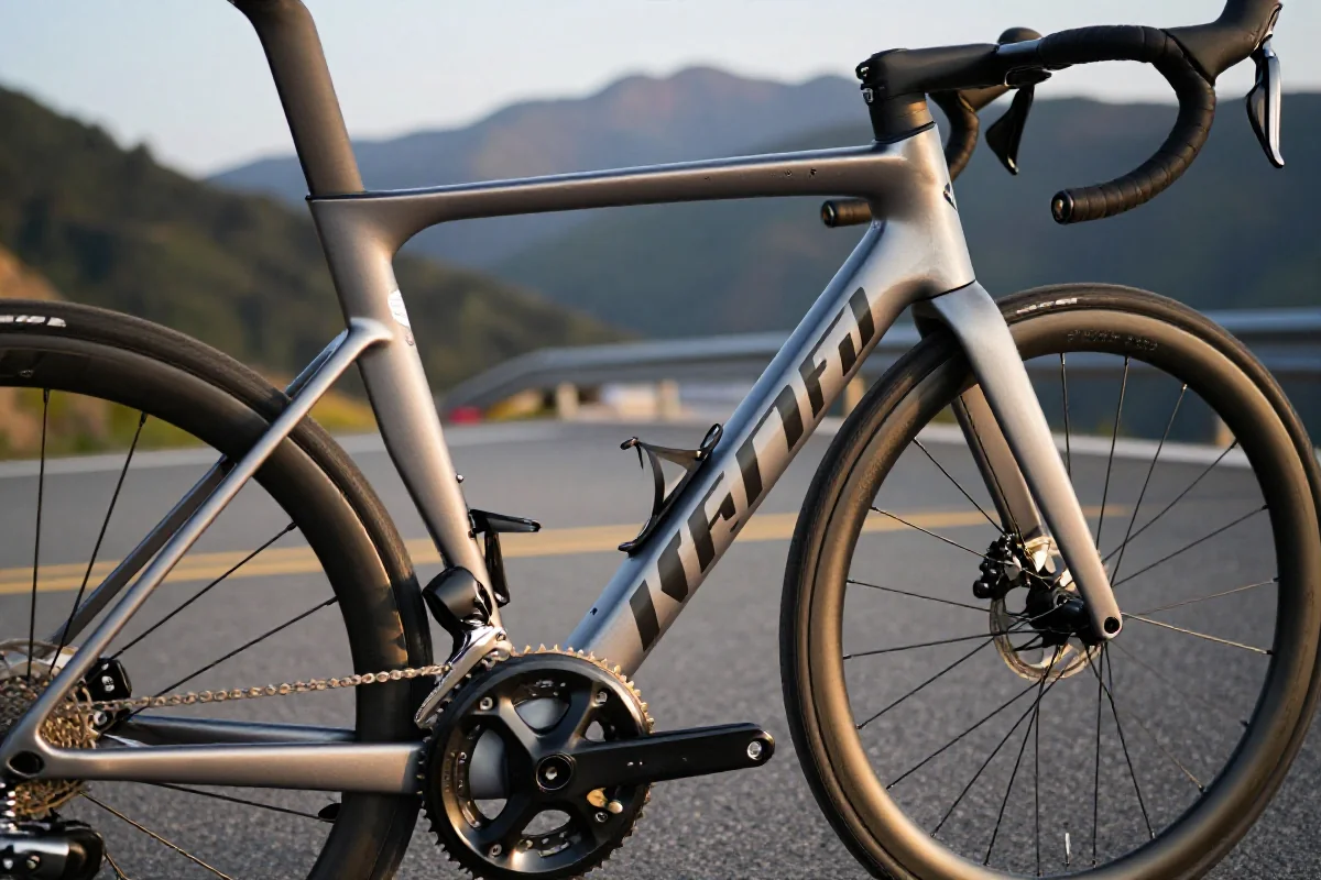 Szczegóły roweru szosowego na tle górskiej trasy w naturalnym świetle.