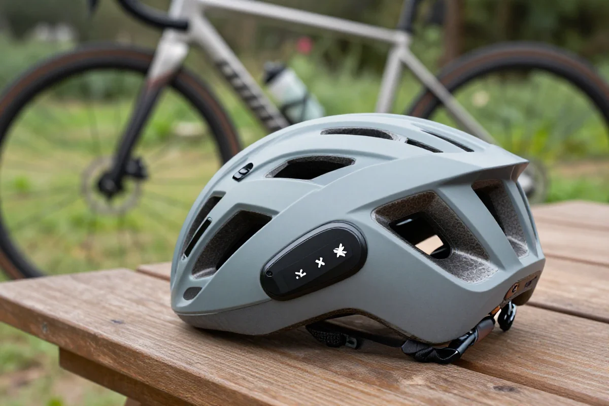 Nowoczesny kask rowerowy z systemem Bluetooth w otoczeniu przyrody