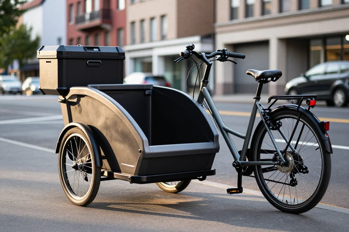 System ładunkowy roweru cargo z różnymi boxami w miejskim otoczeniu