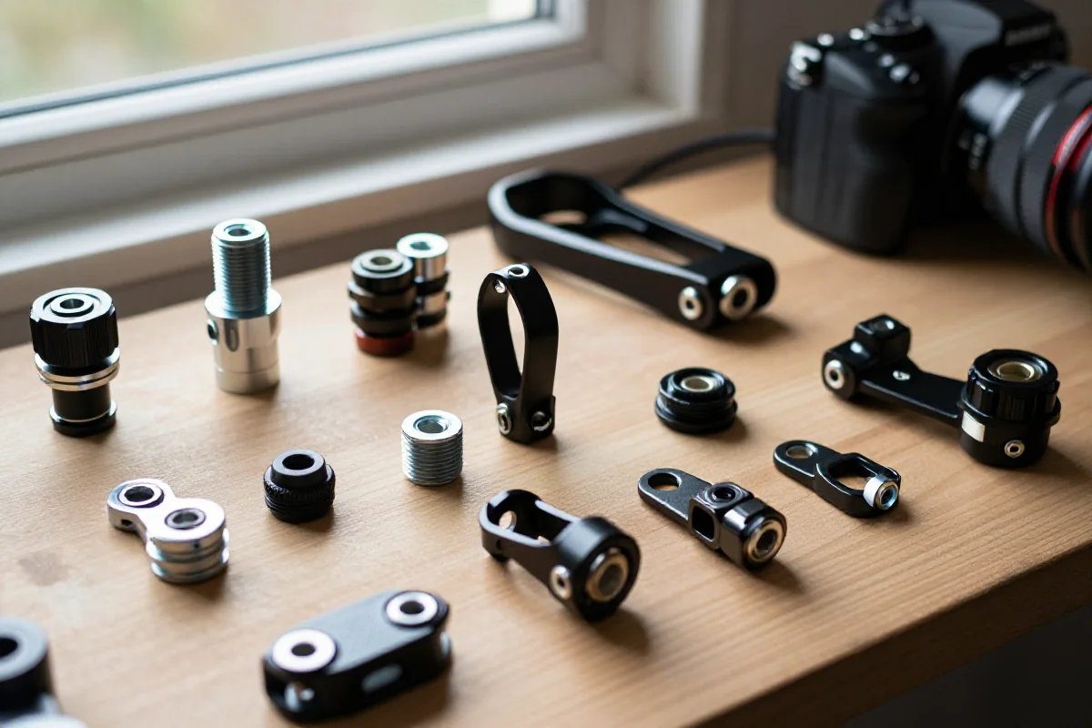 Zestaw systemów montażowych i adapterów do rowerów na drewnianym stole.