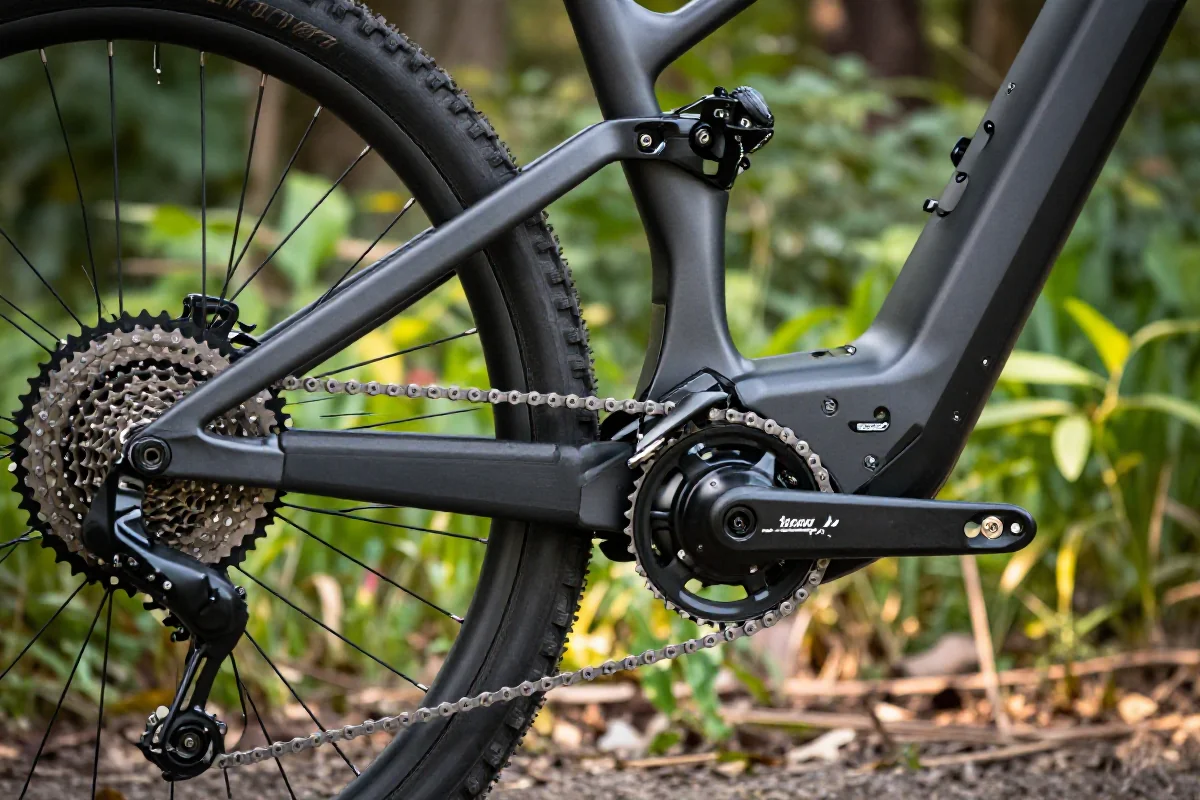 Szczegóły systemu napędowego e-MTB w naturalnym otoczeniu.