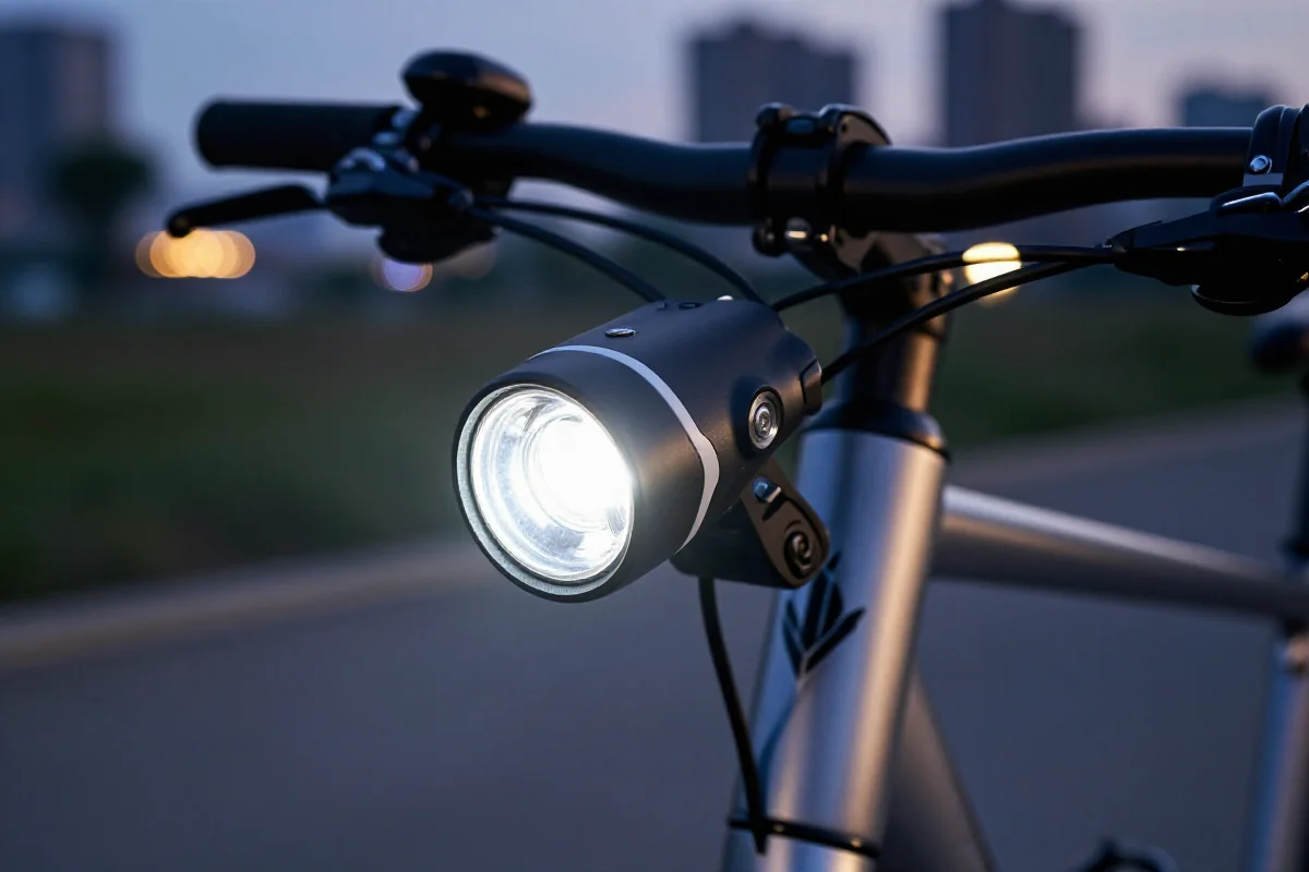Nowoczesne oświetlenie rowerowe na kierownicy roweru miejskiego, istotne dla jazdy nocnej.