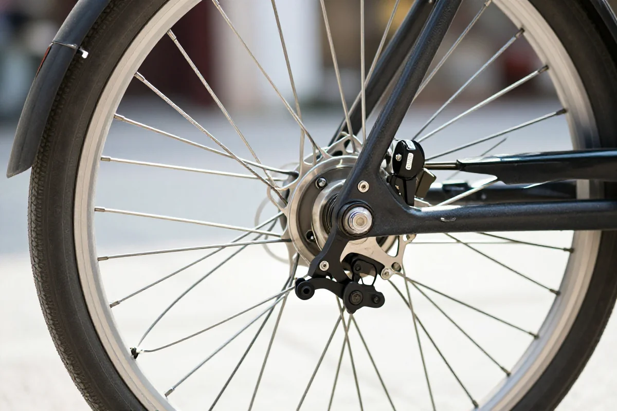 Zbliżenie dynamo piastowego w kole rowerowym, kluczowy element oświetlenia rowerowego.