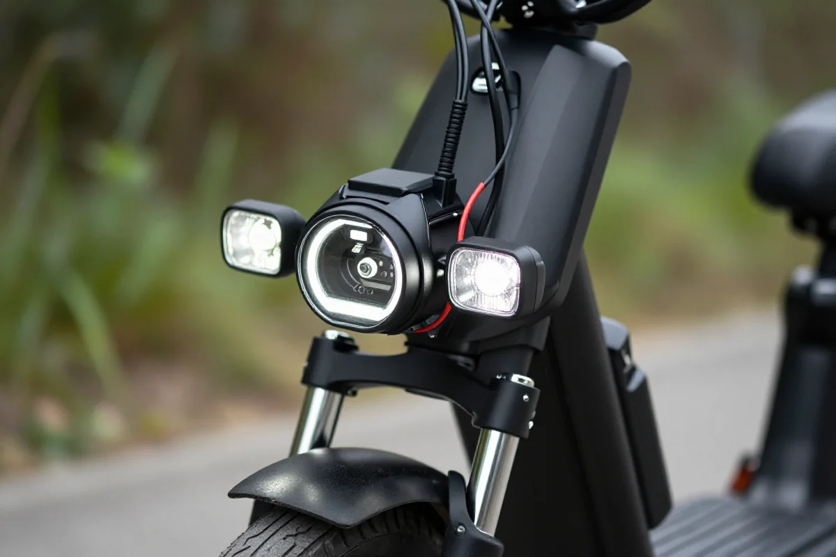 Zintegrowany system oświetlenia roweru elektrycznego w bliskim planie.