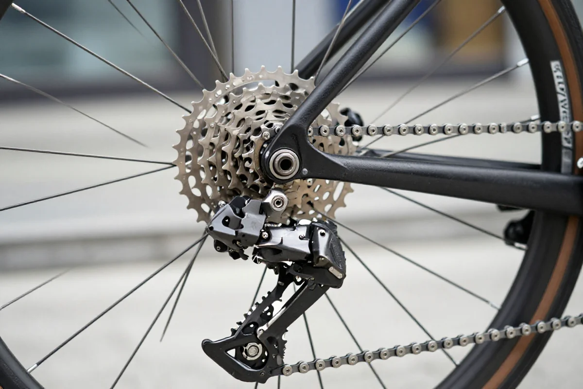 Przerzutki kasetowe w rowerze miejskim, detal zębatek i łańcucha.