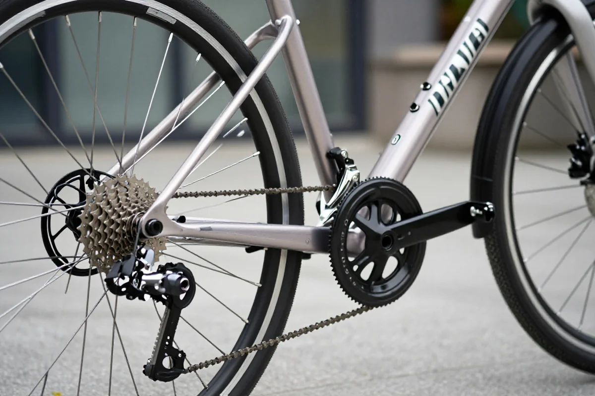 Szczegółowy widok na rower z naciskiem na komponenty i bezpieczeństwo.