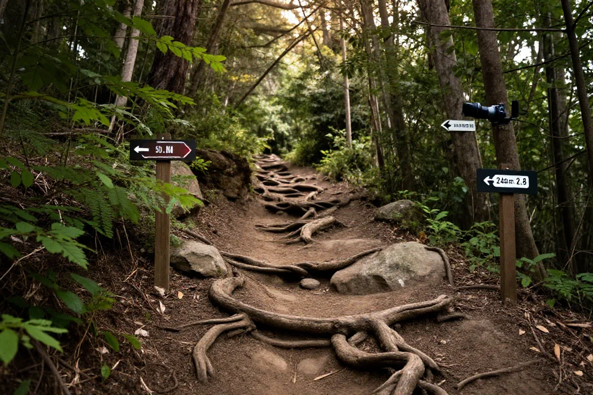 Wąska trasa singletrack w lesie, idealna dla entuzjastów MTB.