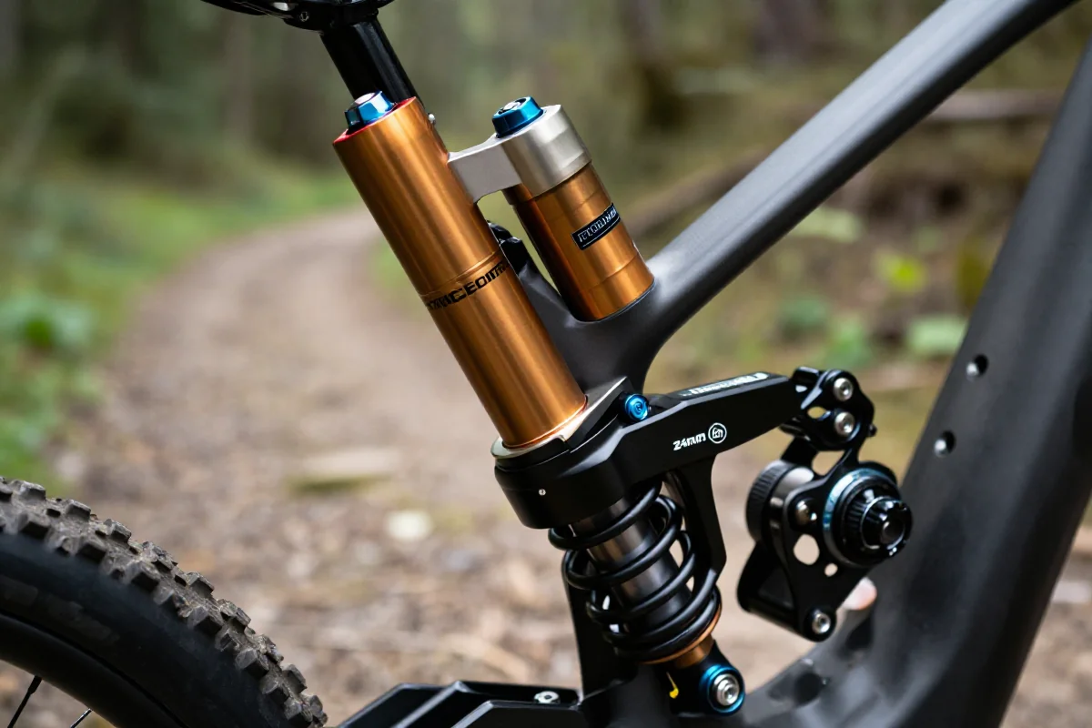 Amortyzator tylny roweru górskiego z zaawansowanym systemem tłumienia.