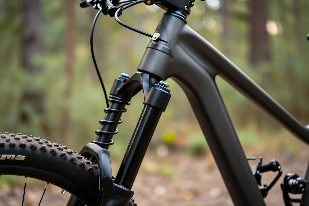 Widok na widelec rowerowy z systemem tłumienia rebound w terenie