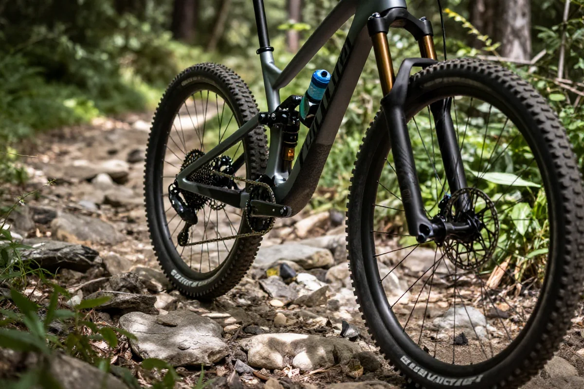 Rower górski na trudnej trasie MTB, szczegóły komponentów technicznych.