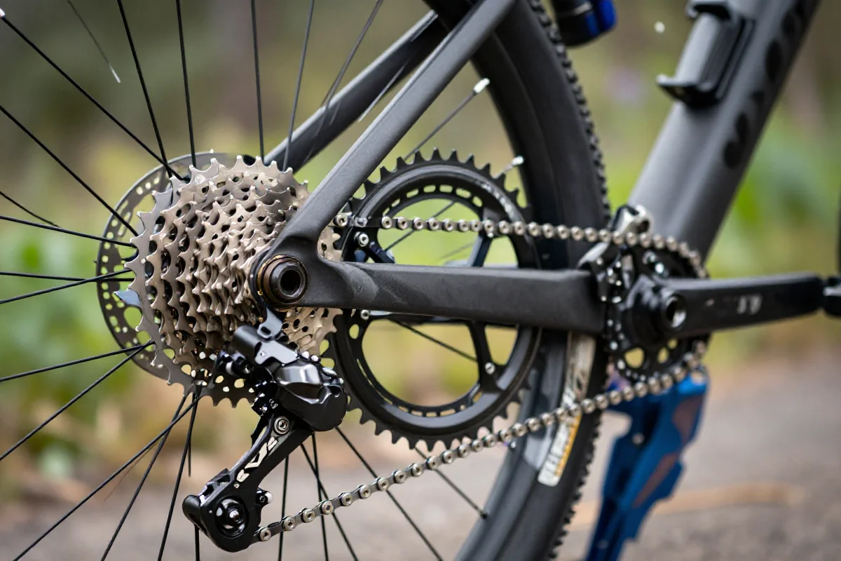 Zbliżenie na system 2x w rowerze górskim, ukazujące zębatki i kasetę.