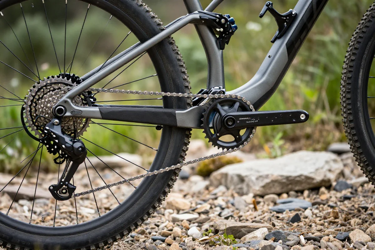 Zbliżenie na system 2x w rowerze górskim z dwoma tarczami.