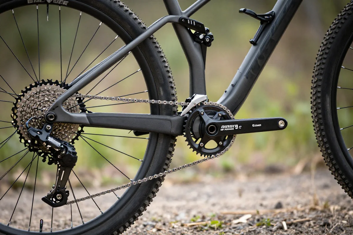 Zbliżenie na rower górski z systemem 1x, ukazujące tarczę i kasetę.