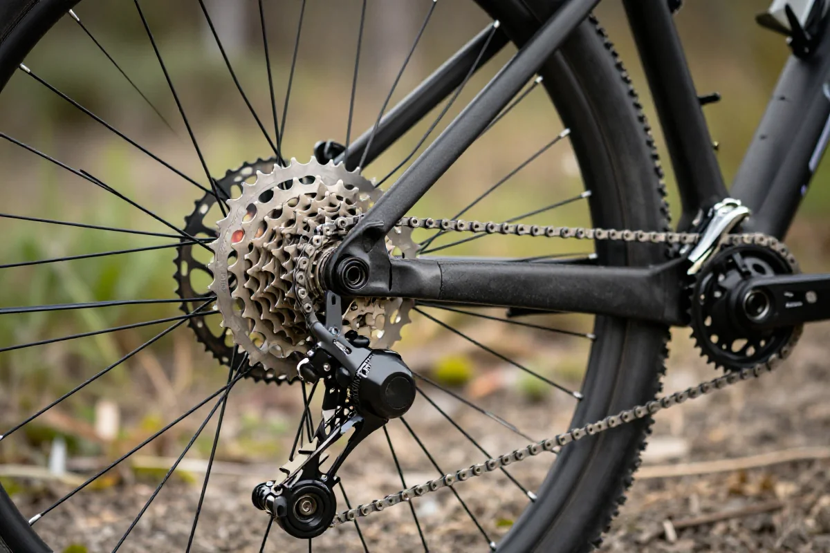 Zbliżenie na napęd roweru górskiego z systemem 1x i 2x w terenie.