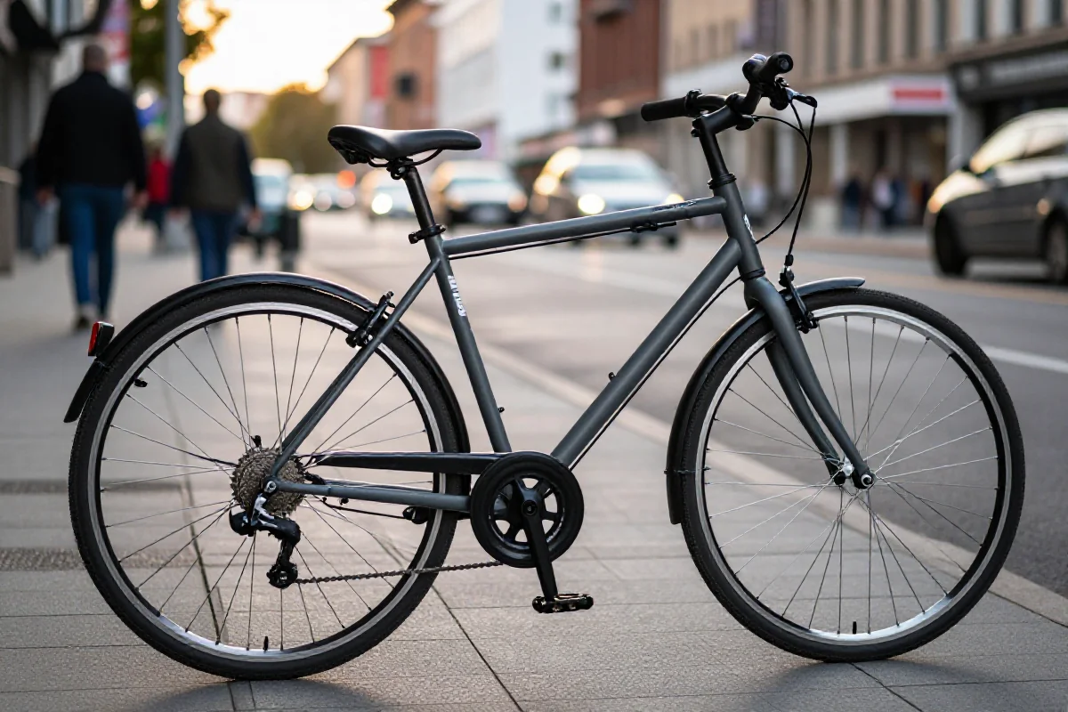 Blisko zdjęcie miejskiego roweru z widocznymi elementami technicznymi na ulicy.