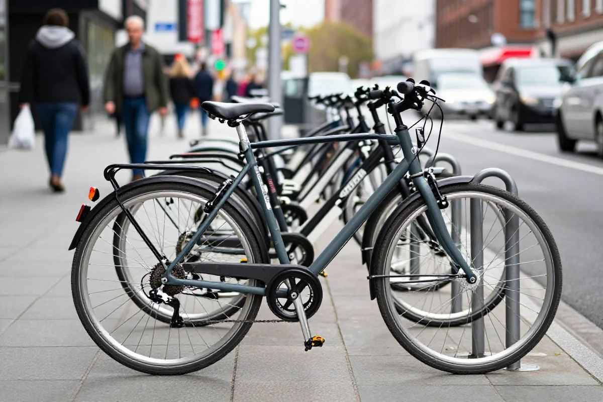 Rower miejski zaparkowany w miejskim otoczeniu, pokazujący szczegóły konstrukcji.
