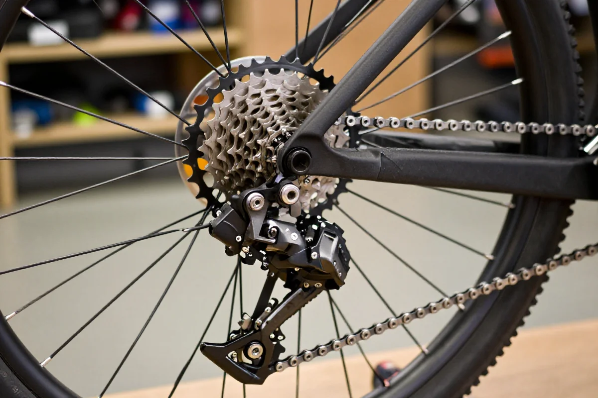 Szczegółowy widok tylnej przerzutki roweru górskiego w warsztacie