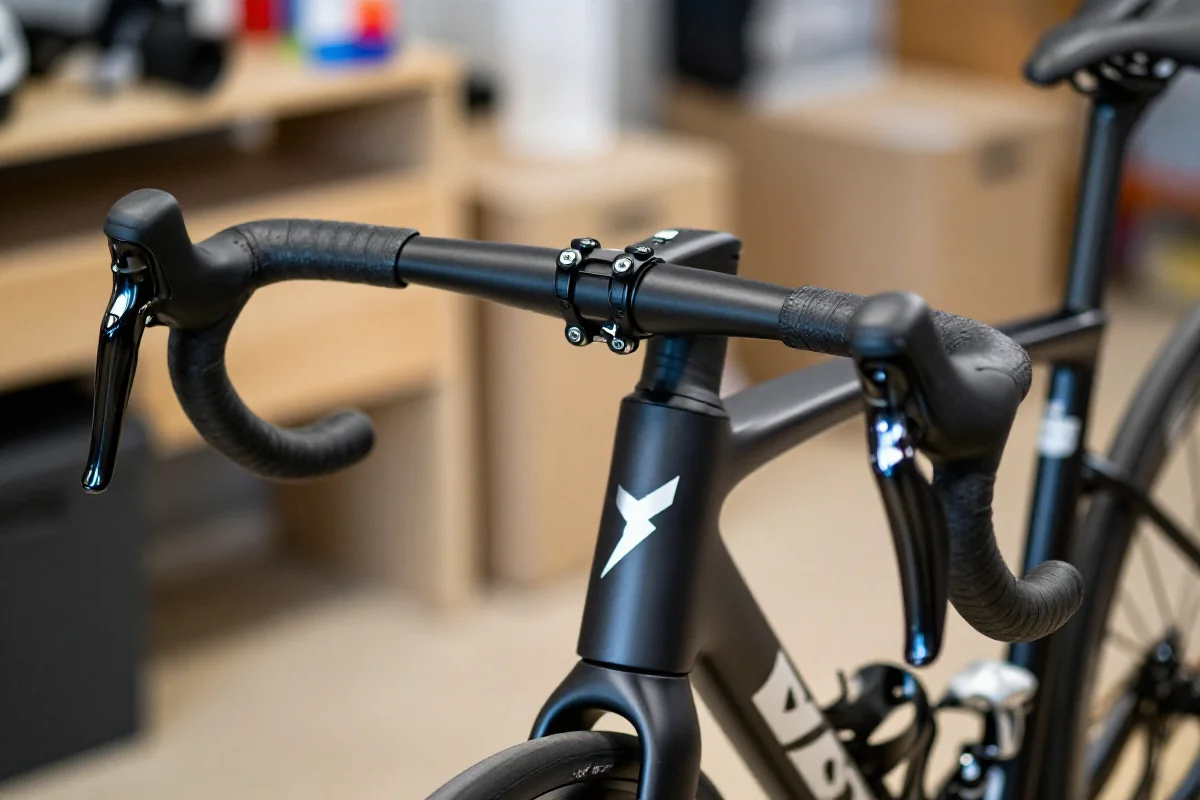 Szerokość i pozycja kierownicy roweru szosowego w warsztacie.