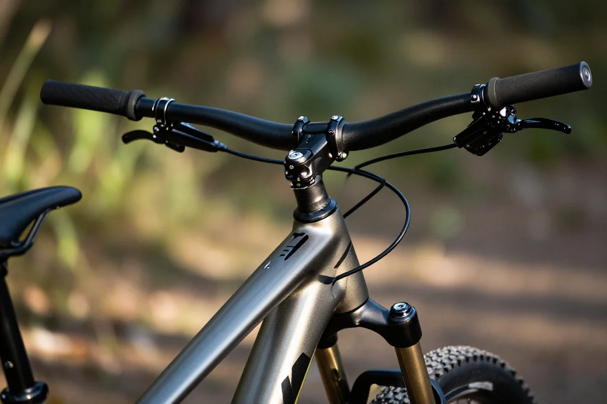 Szeroka kierownica roweru górskiego w naturalnym otoczeniu.