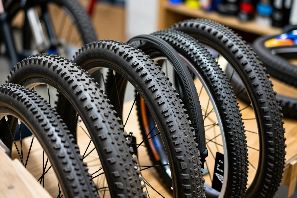 Zbliżenie na różne szerokości opon MTB: 2.1, 2.3, 2.5, 2.6 cala.