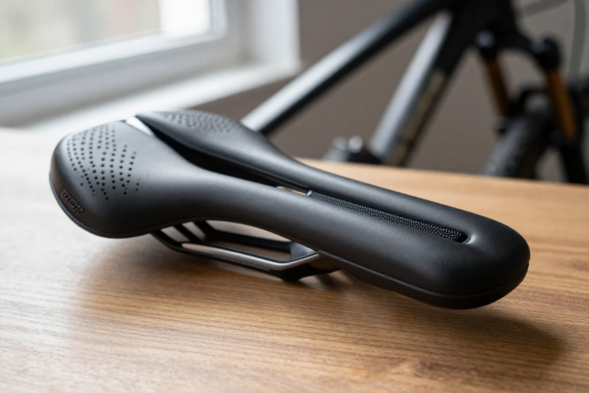 Szerokość siodełka MTB na tle drewnianej powierzchni, szczegóły konstrukcji.