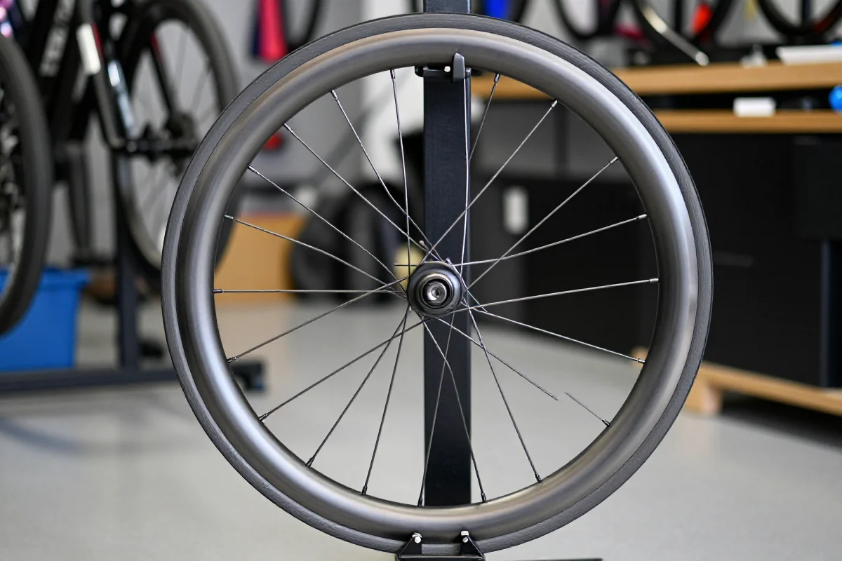 Zbliżenie obręczy rowerowej, podkreślające szerokość wewnętrzną i detale technologiczne.