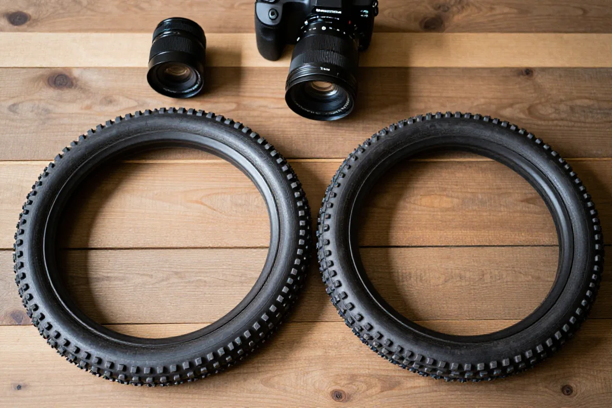 Szerokości opon MTB na drewnianej powierzchni, różnice w szerokości opon.