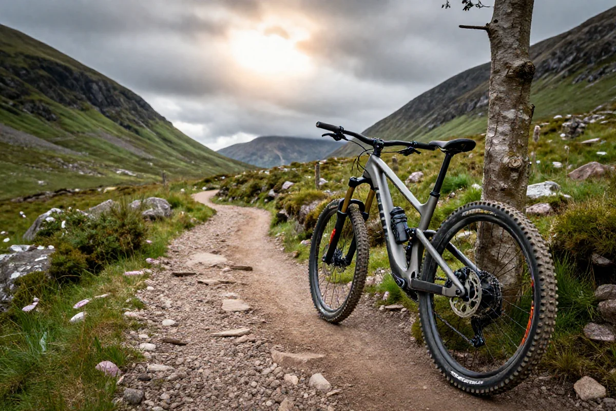 Widok na trasę rowerową w Szkocji z górami w tle.