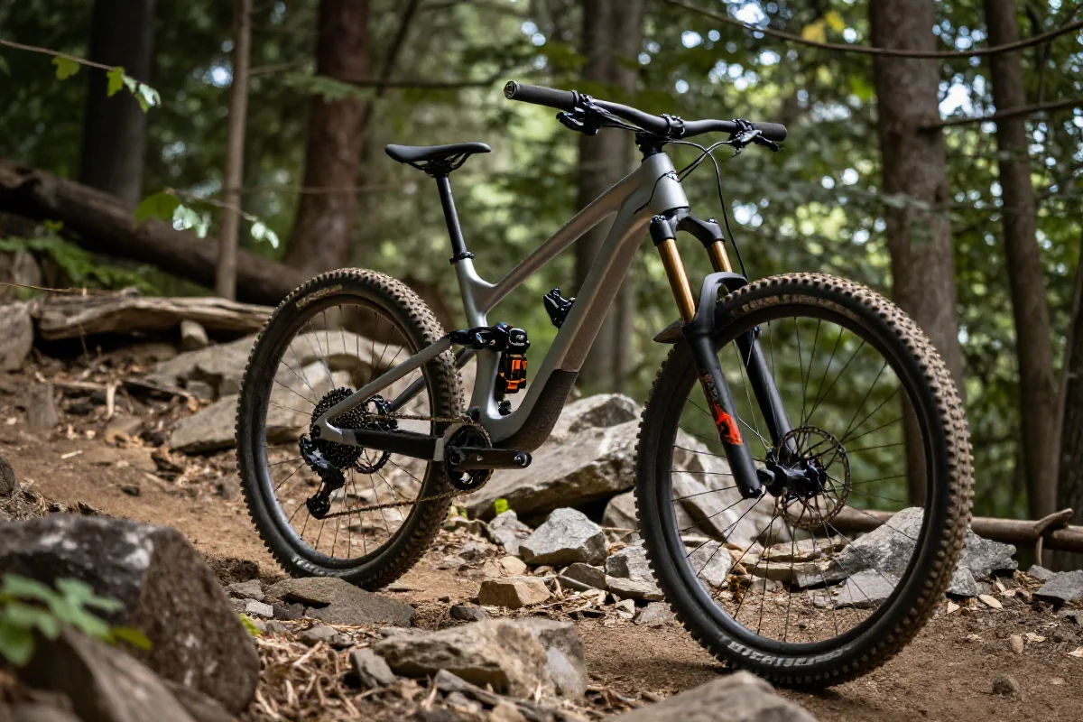 Rower górski na skalistej trasie w lesie, idealny do szkoleń MTB.