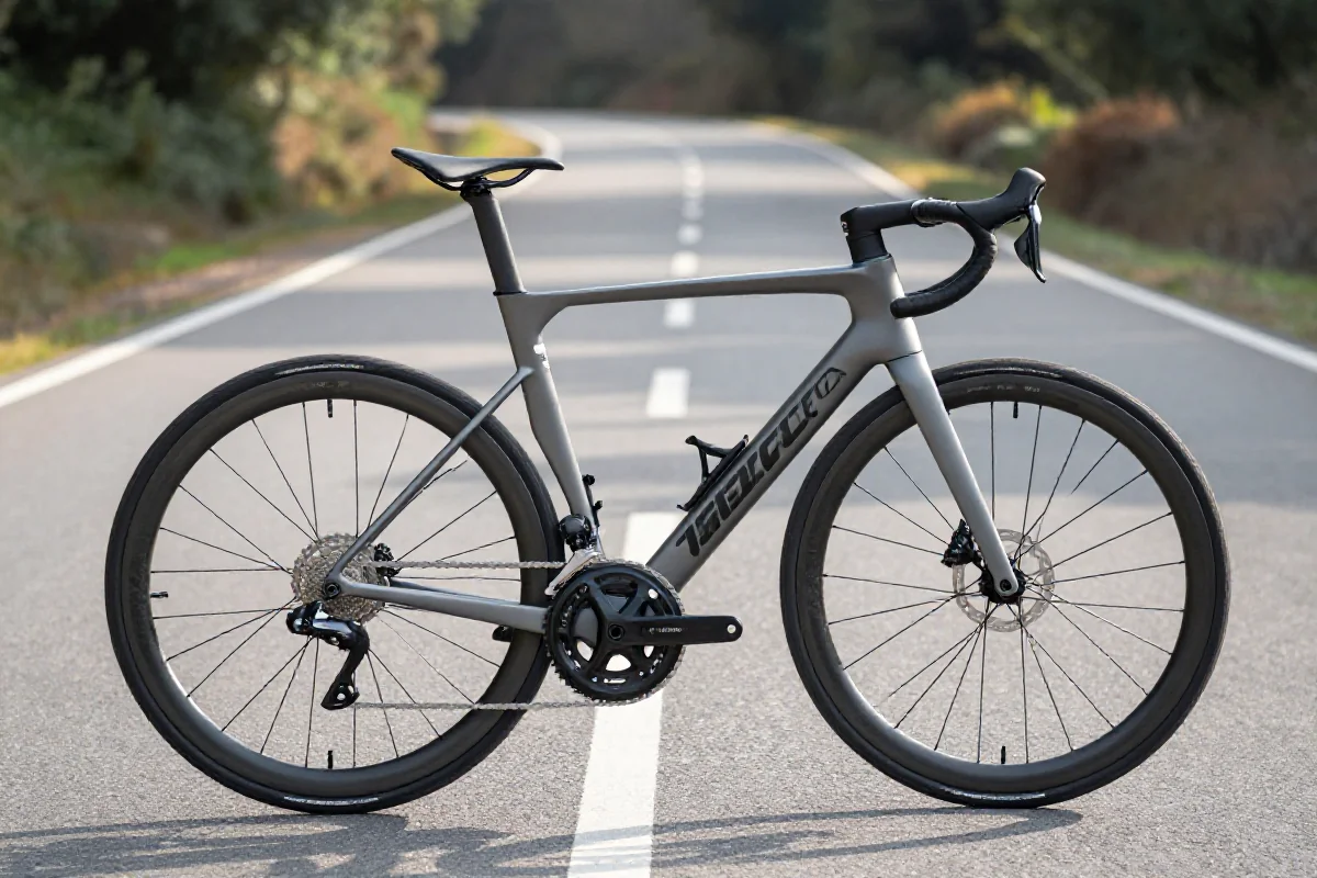 Szosowy rower elektryczny z aerodynamiczną ramą na tle asfaltowej drogi.