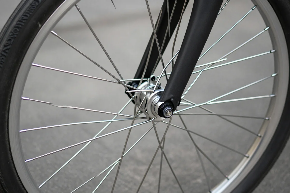Zbliżenie na szprychy koła rowerowego, ukazujące ich wzory i napięcie.
