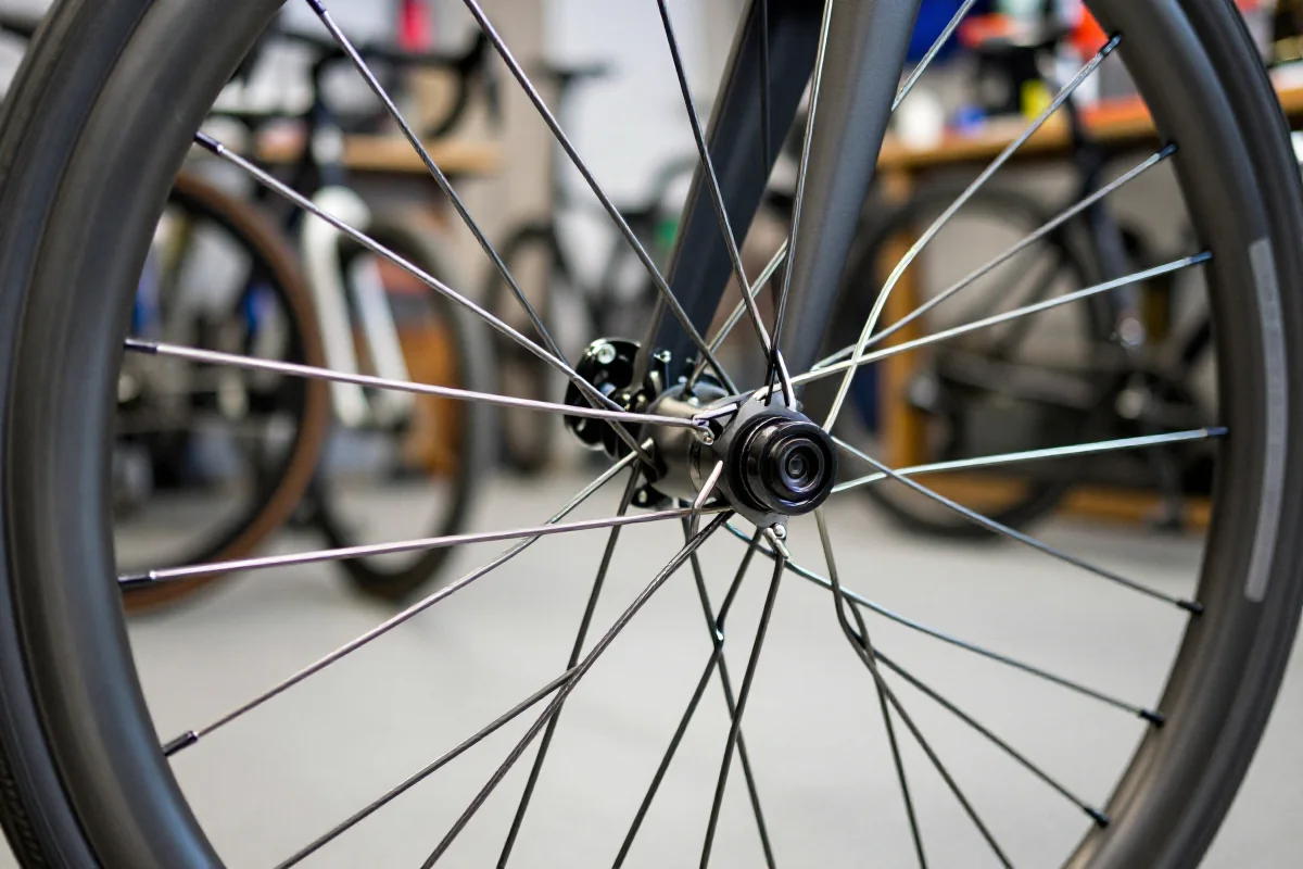 Bliskie ujęcie szprych rowerowych w warsztacie, ukazujące splot kół.