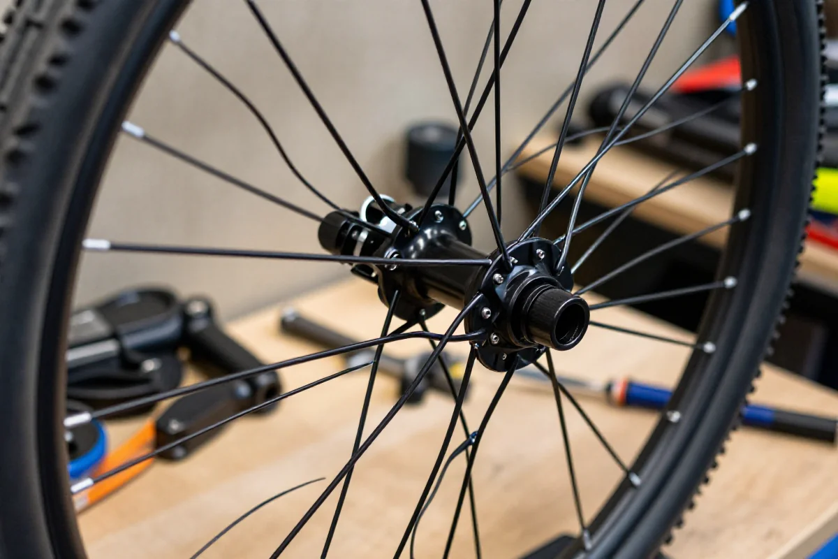 Szczegółowe zdjęcie szprych w kole MTB, podkreślające ich różnorodność i budowę.