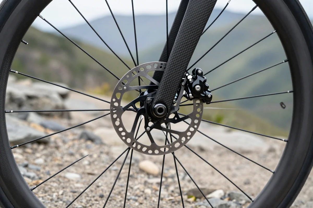 Zbliżenie na system hamulcowy roweru szosowego na górskim szlaku