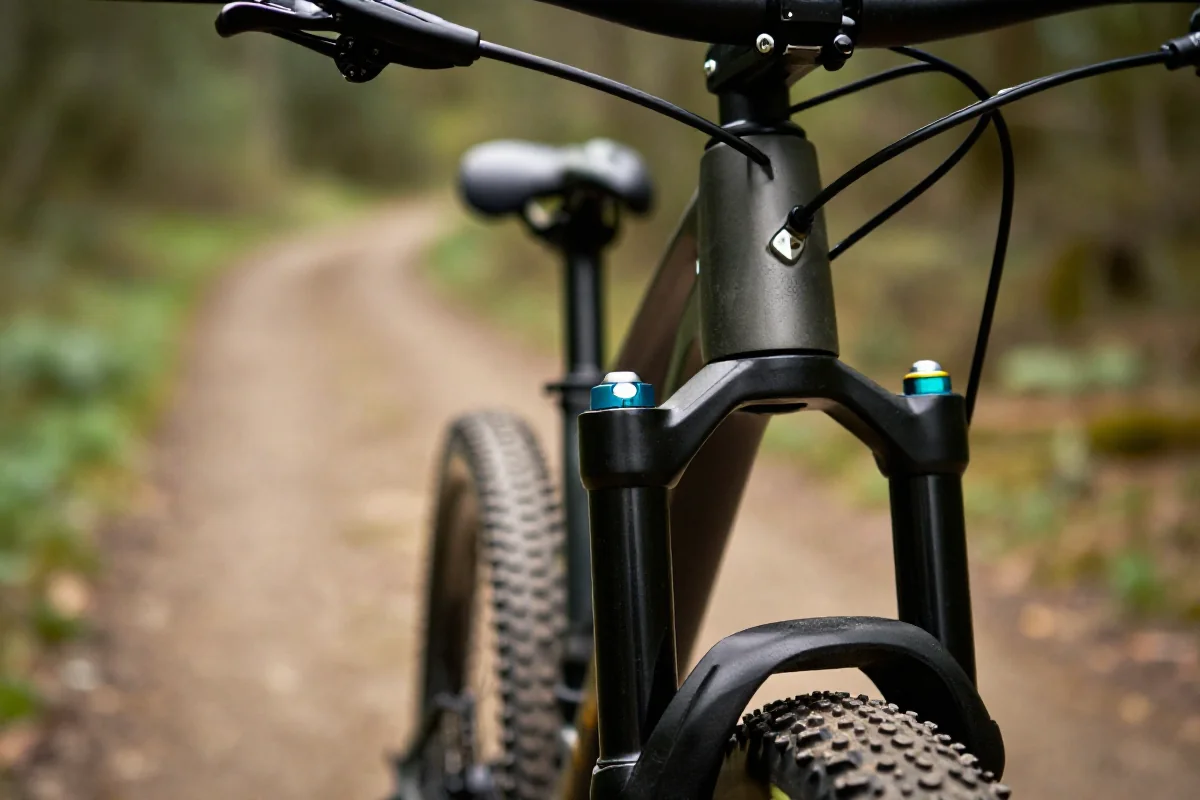 Sztyca teleskopowa MTB z detalami mechanizmu i prowadzeniem przewodów.