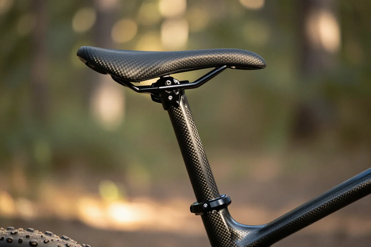 Sztywna sztyca podsiodłowa MTB z włókna węglowego w naturalnym otoczeniu