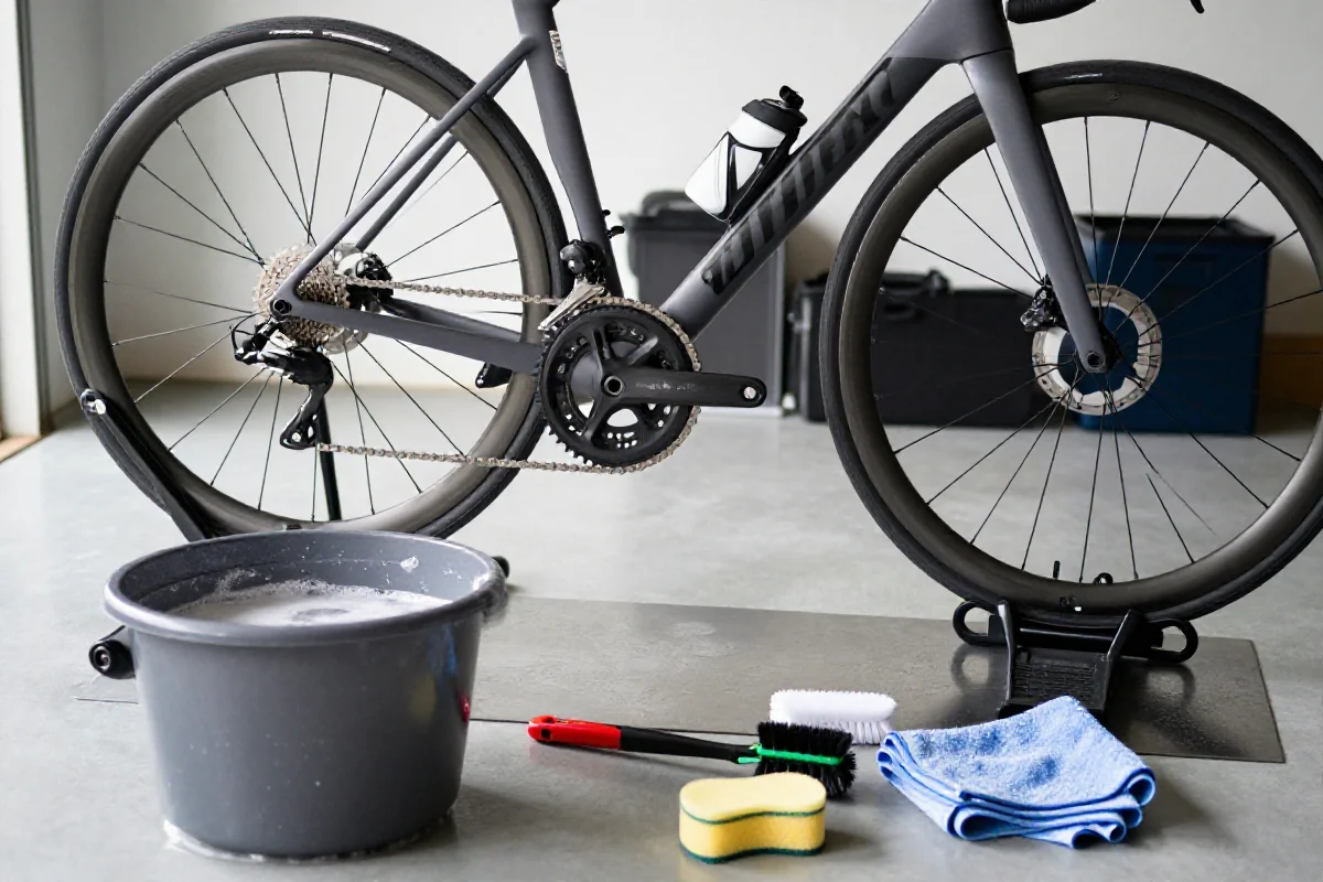 Szybkie mycie roweru szosowego przed startem w garażu z narzędziami.