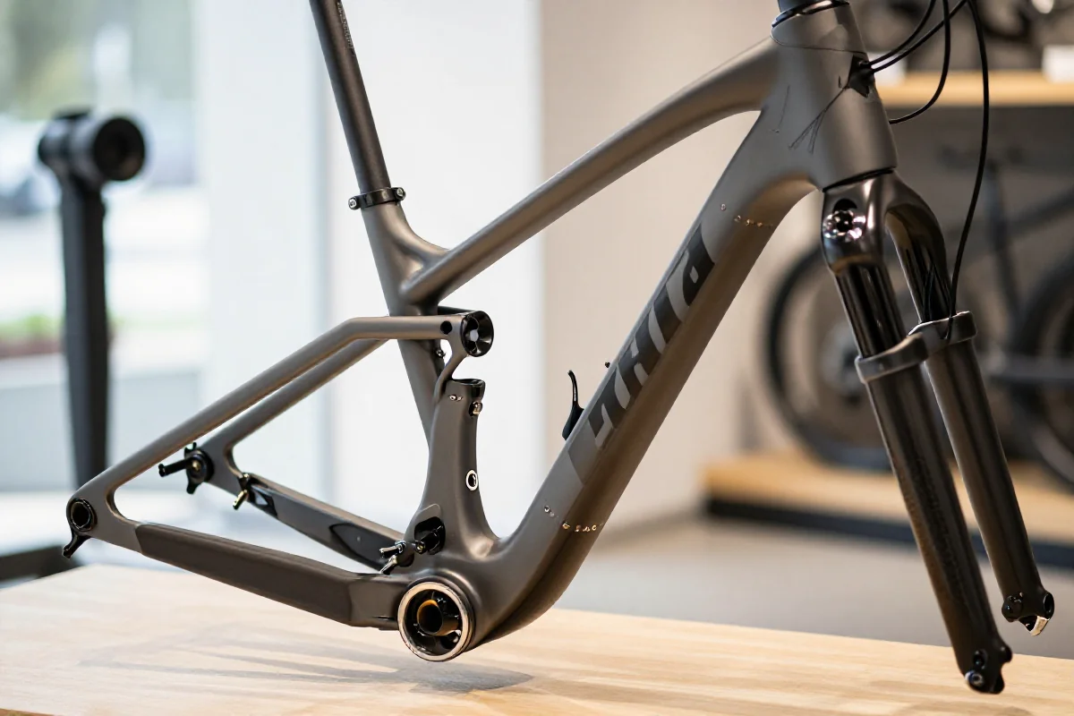 Szczegółowy widok ramy roweru górskiego, kluczowe elementy rozmiarów MTB.