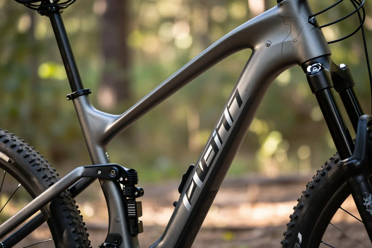 Nowoczesna rama roweru górskiego MTB w naturalnym otoczeniu, szczegóły geometrii.