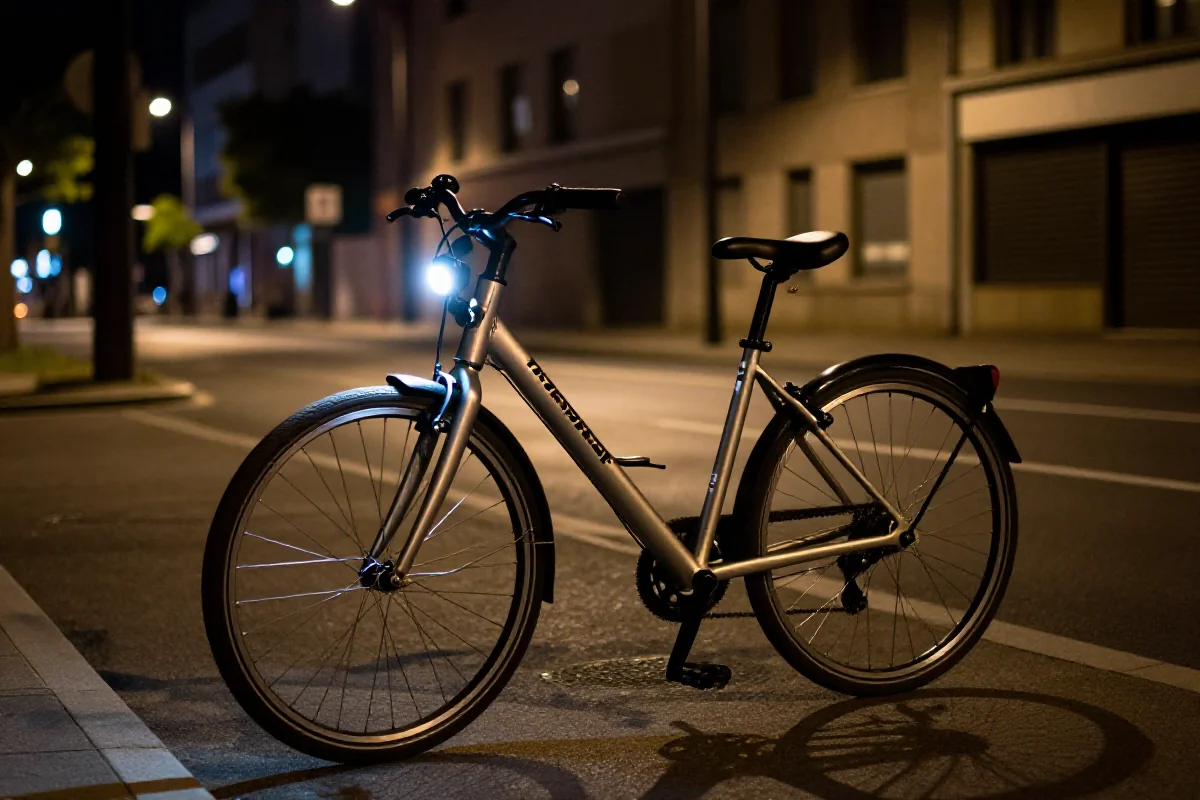 Rower miejski z oświetleniem LED na ciemnej ulicy nocą