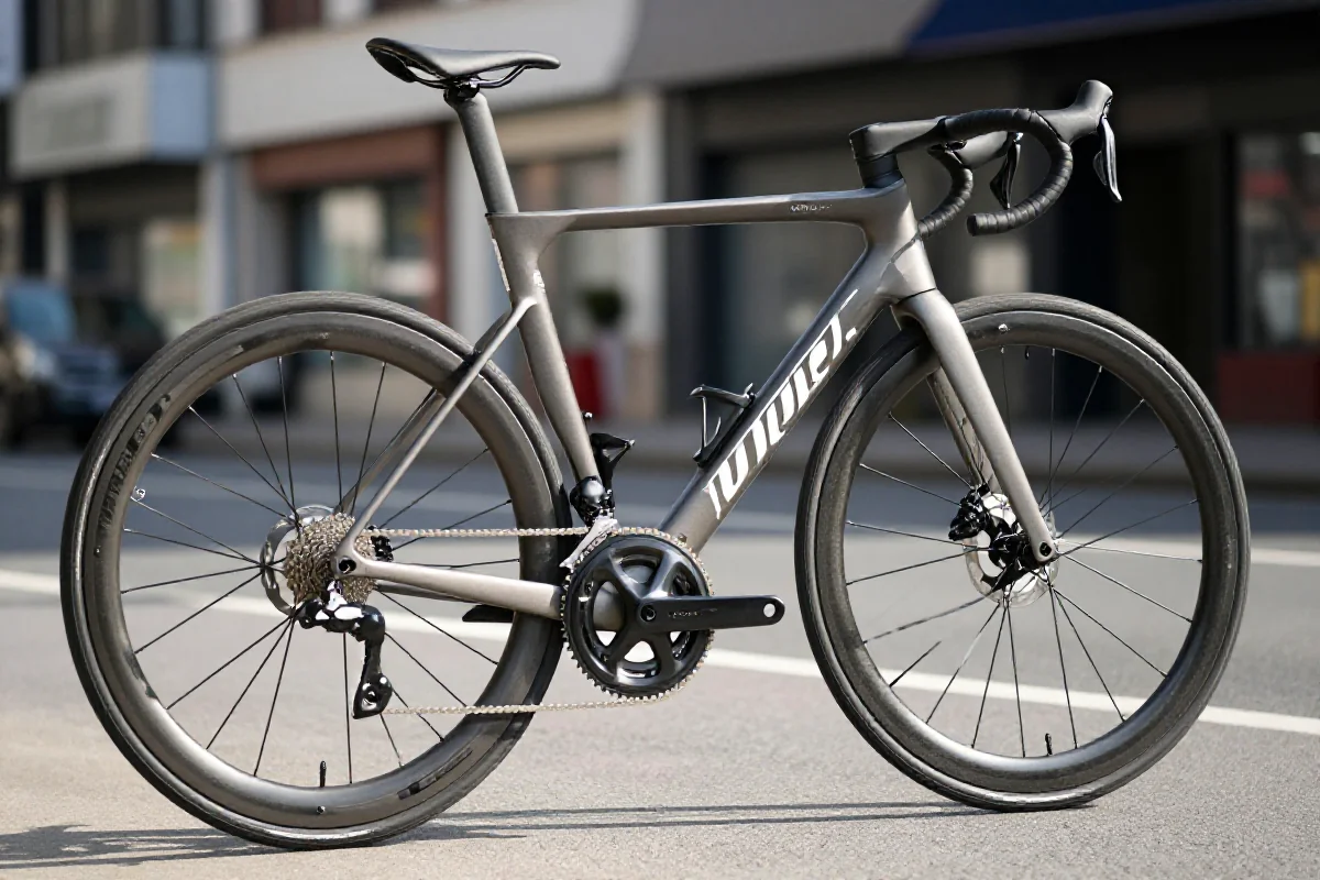 Zbliżenie na rower szosowy w miejskim otoczeniu, idealny do wyścigów criterium.