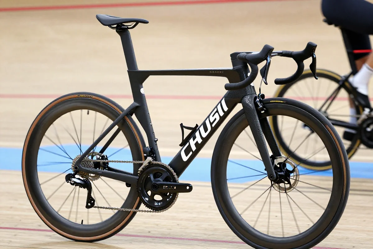 Zbliżenie na rower szosowy z aerodynamiką, idealny do sprintu wyścigowego.