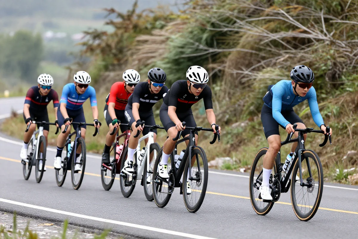 Kolarze w formacji echelons na drodze w wietrze bocznym.
