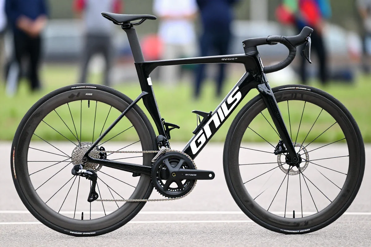 Zbliżenie na rower szosowy, pokazujący jego aerodynamiczny kształt i komponenty.